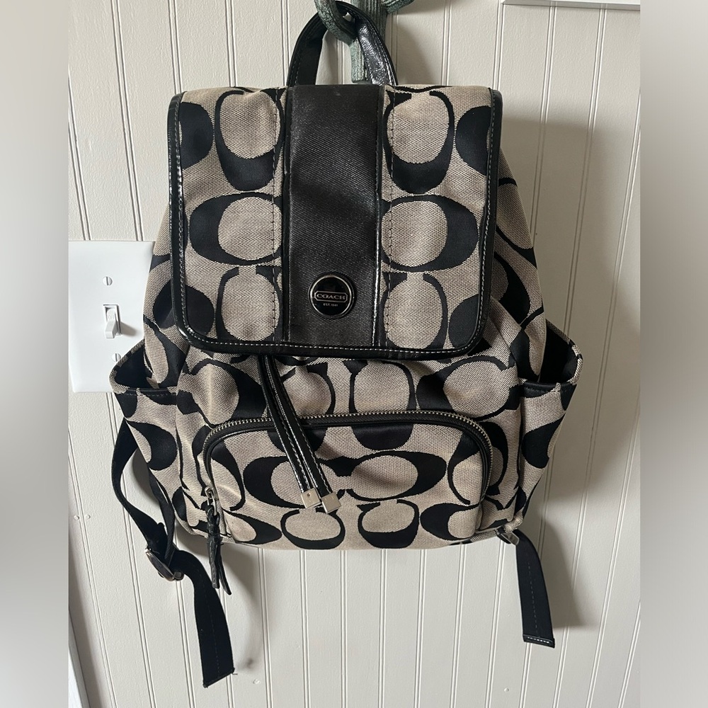 Coach Signature Stripe Black & Tan Backpack